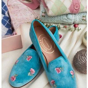Loveshackfancy X Stubbs & Wootton Roses Slipper Turquoise SZ 8 Rose Embroidery